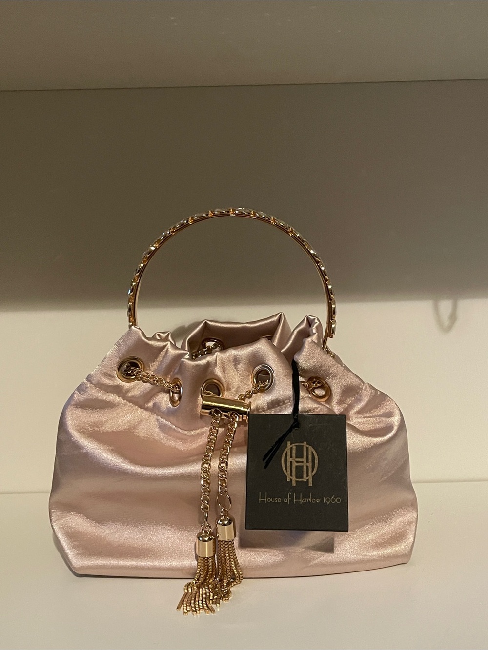 House of Harlow 1960 Satin Drawstring Top Handle Bag in Blush